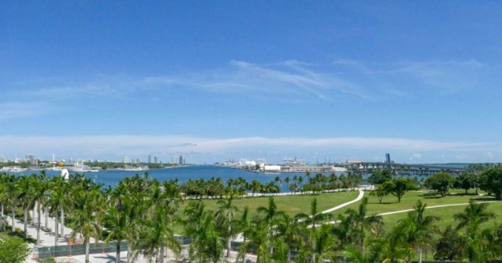 Miami skyline with green parks and blue skies, Florida.