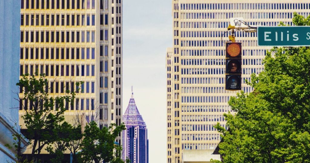 Downtown Atlanta street with skyscrapers, Georgia.