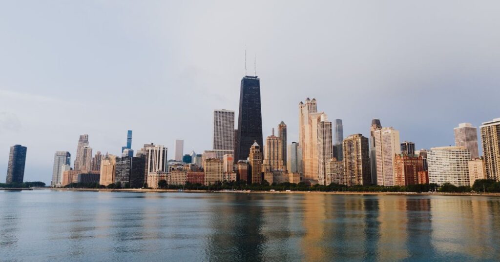 Chicago skyline reflected on the waterfront, Illinois.