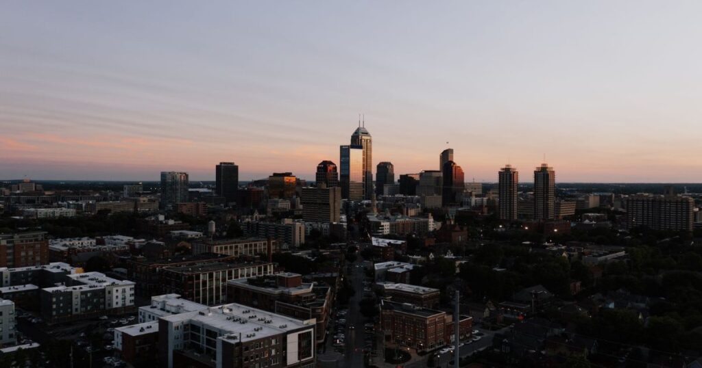 Aerial view of the Indianapolis skyline at sunset, Indiana.