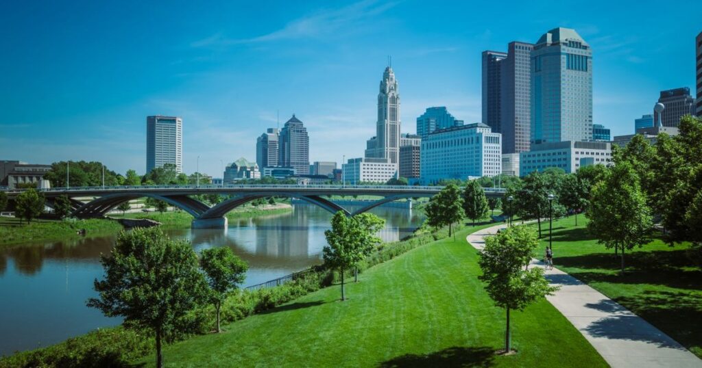 Columbus skyline and riverside park, Ohio.