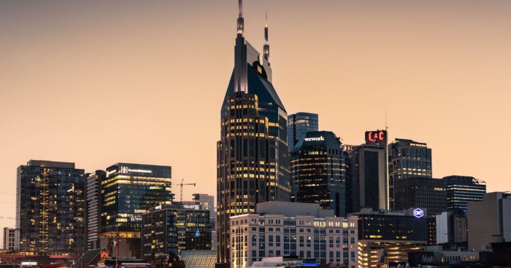 Nashville skyline at dusk, Tennessee.
