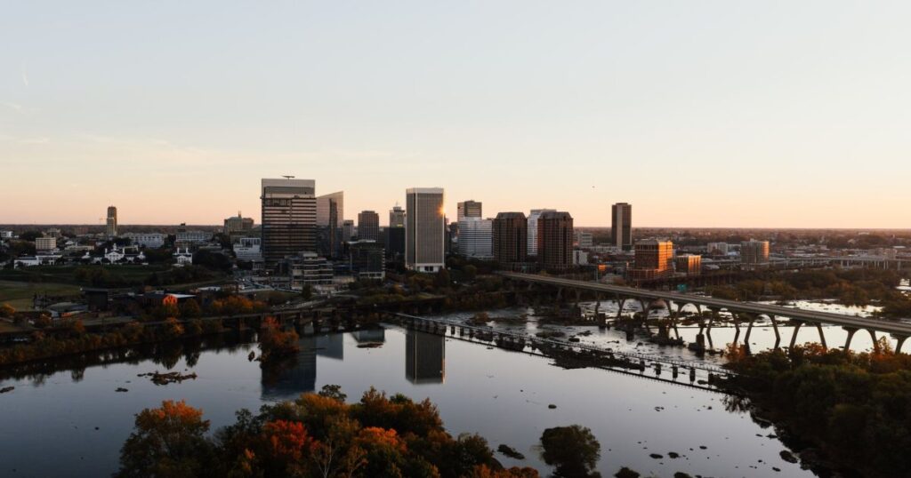 Aerial view of Richmond, Virginia, and the James River at sunset.