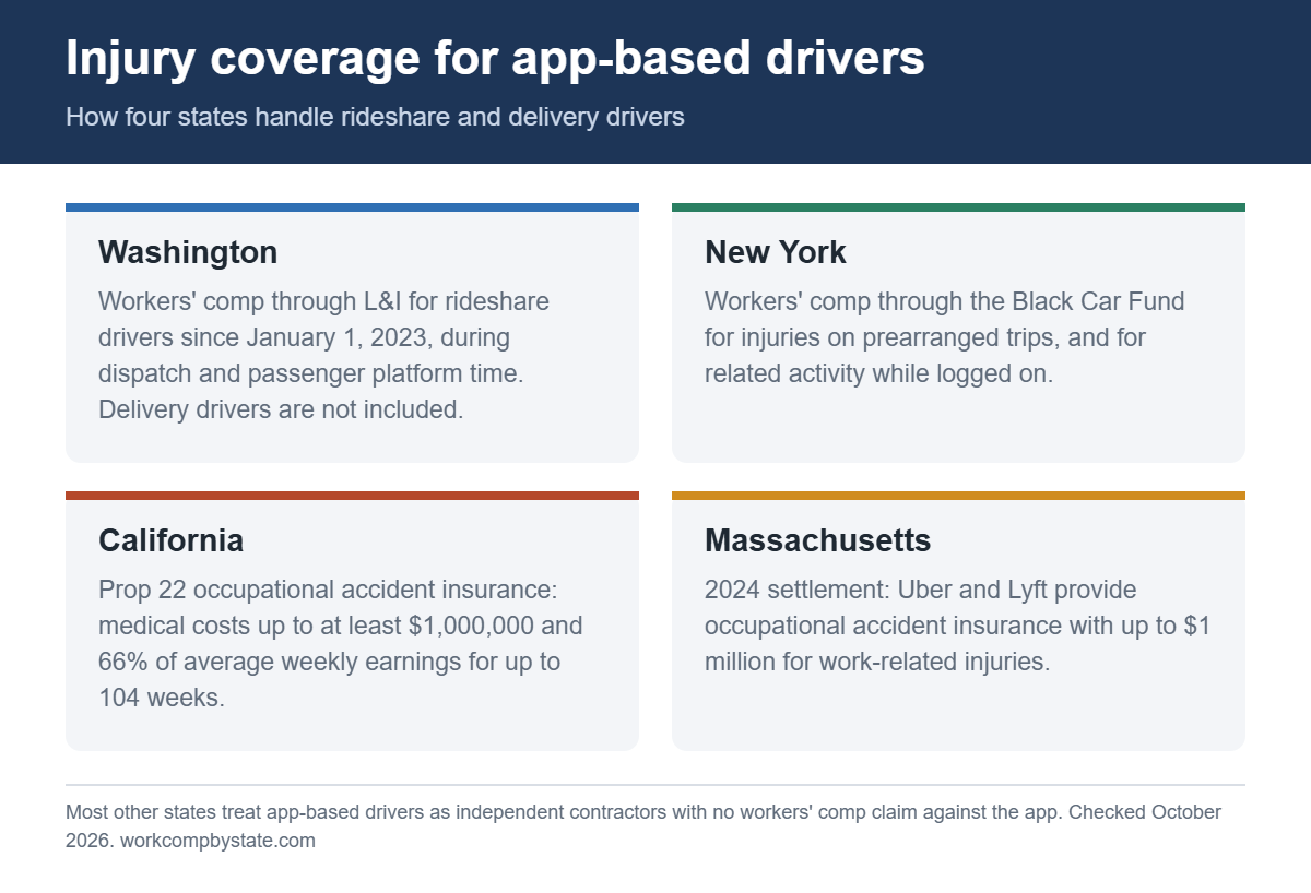 Comparison of injury coverage for app-based drivers in Washington, New York, California and Massachusetts: workers' comp through L&I, workers' comp through the Black Car Fund, Prop 22 occupational accident insurance, and the 2024 Uber and Lyft settlement.