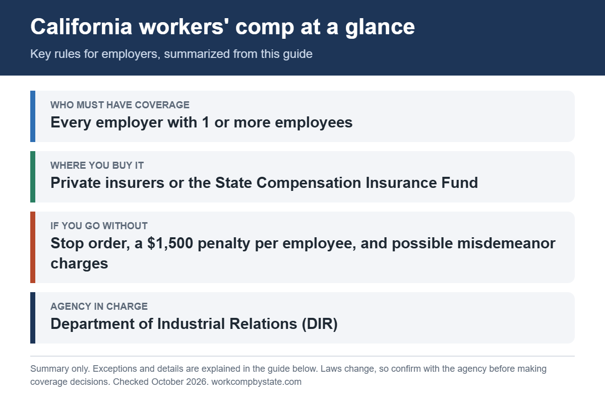 California workers' comp at a glance. Who must have coverage: Every employer with 1 or more employees. If you go without: Stop order, a $1,500 penalty per employee, and possible misdemeanor charges.