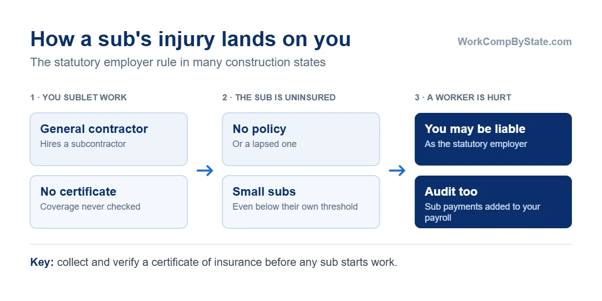 How a general contractor becomes liable for a subcontractor's injured worker: the contractor sublets work, the subcontractor has no workers' comp coverage, and when the sub's worker is hurt the law in many states treats the contractor as the statutory employer. A certificate of insurance collected before work starts is the contractor's protection.