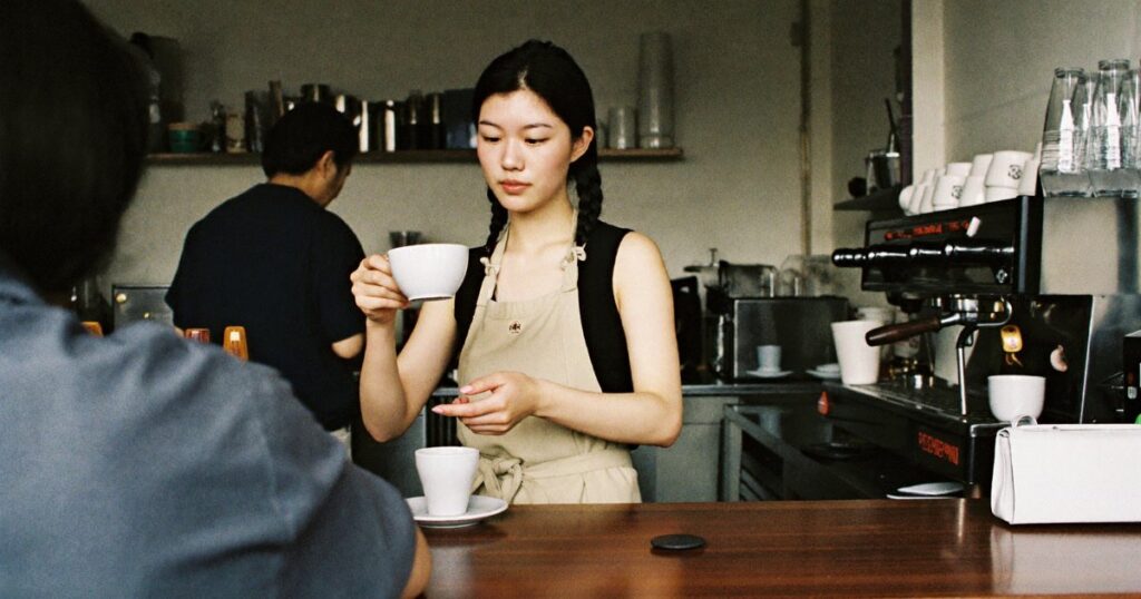 Part-time barista serving coffee in a small cafe