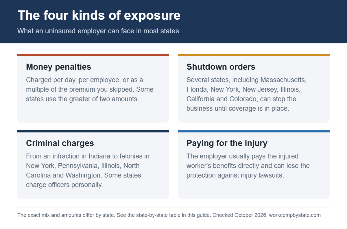 The four kinds of exposure for employers without workers' comp: money penalties, shutdown orders, criminal charges, and paying for the injury directly.