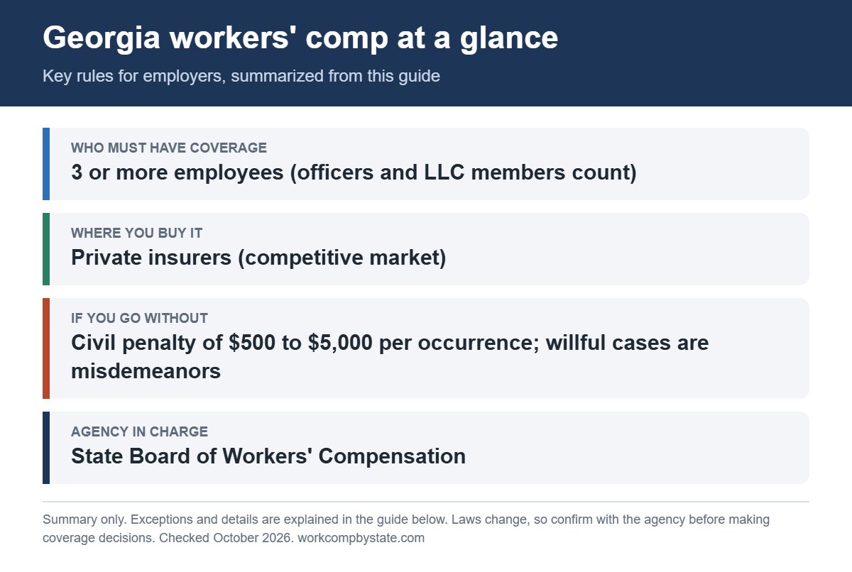 Georgia workers' comp at a glance. Who must have coverage: 3 or more employees (officers and LLC members count). If you go without: Civil penalty of $500 to $5,000 per occurrence; willful cases are misdemeanors.