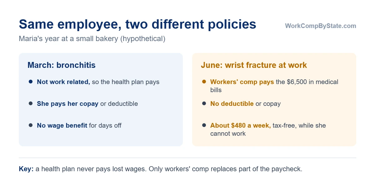One employee, two policies: when a bakery worker gets bronchitis in March, her health plan pays the doctor visit minus her copay; when she fractures her wrist at work in June, workers' comp pays the medical bills with no deductible plus a tax-free wage benefit while she cannot work.