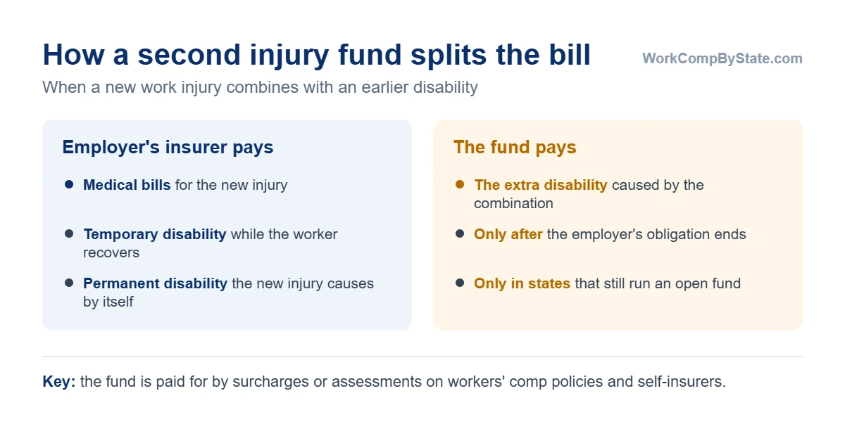 How a second injury fund splits the cost of a combined disability: the employer's insurer pays for the disability the new work injury would cause by itself, and the fund pays the extra that exists only because the new injury combined with an earlier condition.