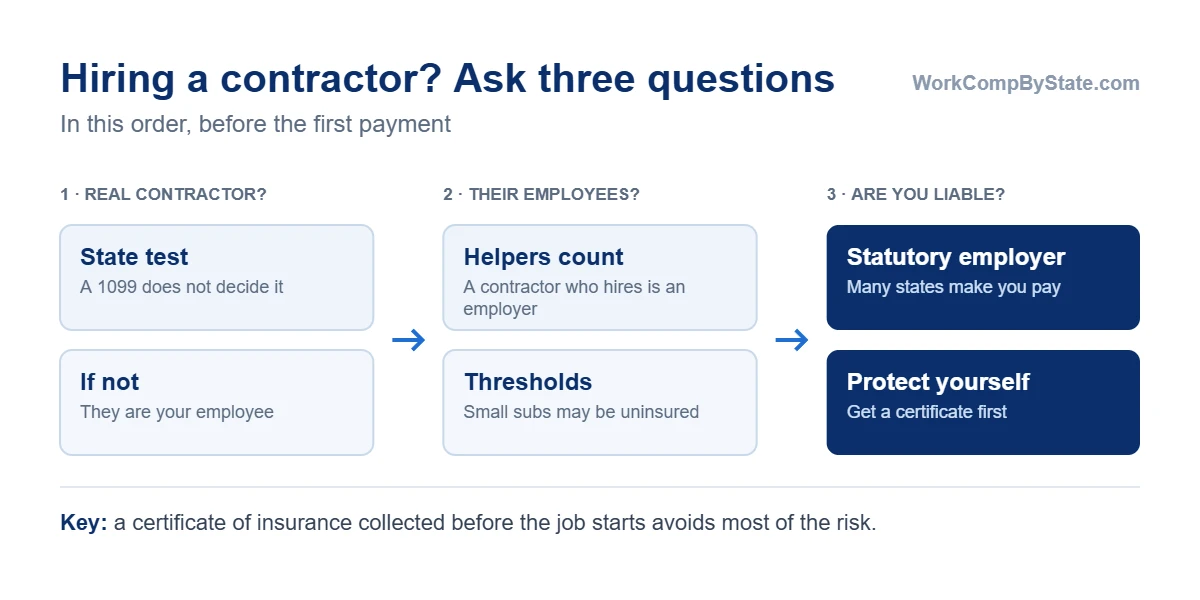 Three questions about independent contractors and workers' comp, in order: is the person really an independent contractor under your state's test; does the contractor have employees of its own; and would the hiring business be liable if the contractor is uninsured.