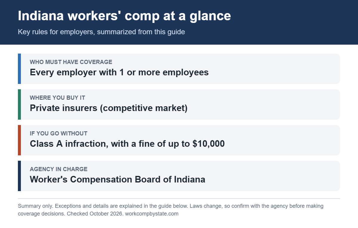 Indiana workers' comp at a glance. Who must have coverage: Every employer with 1 or more employees. If you go without: Class A infraction, with a fine of up to $10,000.