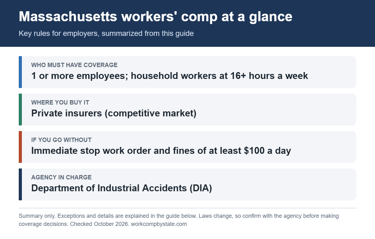 Massachusetts workers' comp at a glance. Who must have coverage: 1 or more employees; household workers at 16+ hours a week. If you go without: Immediate stop work order and fines of at least $100 a day.