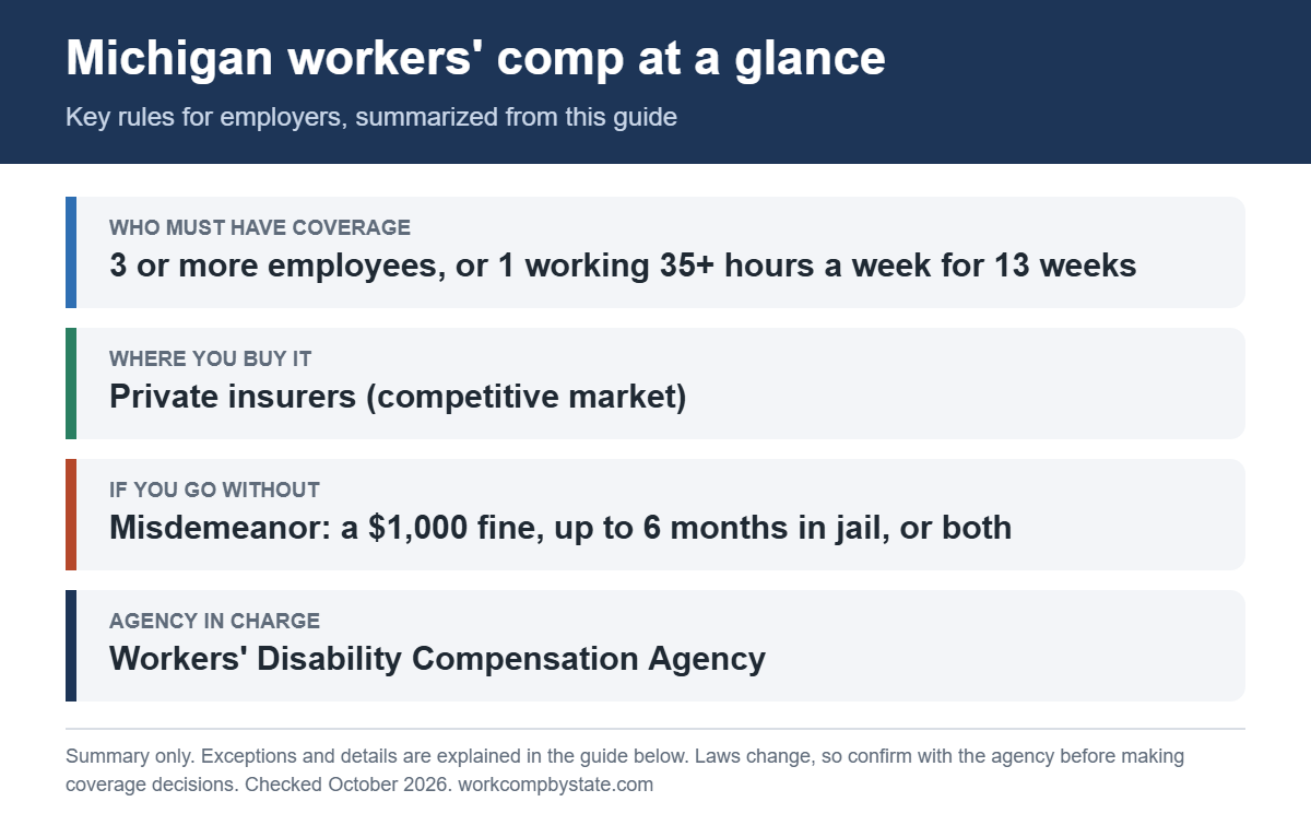Michigan workers' comp at a glance. Who must have coverage: 3 or more employees, or 1 working 35+ hours a week for 13 weeks. If you go without: Misdemeanor: a $1,000 fine, up to 6 months in jail, or both.