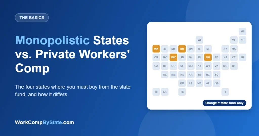 Monopolistic States vs. Private Workers' Comp: The four states where you must buy from the state fund, and how it differs.