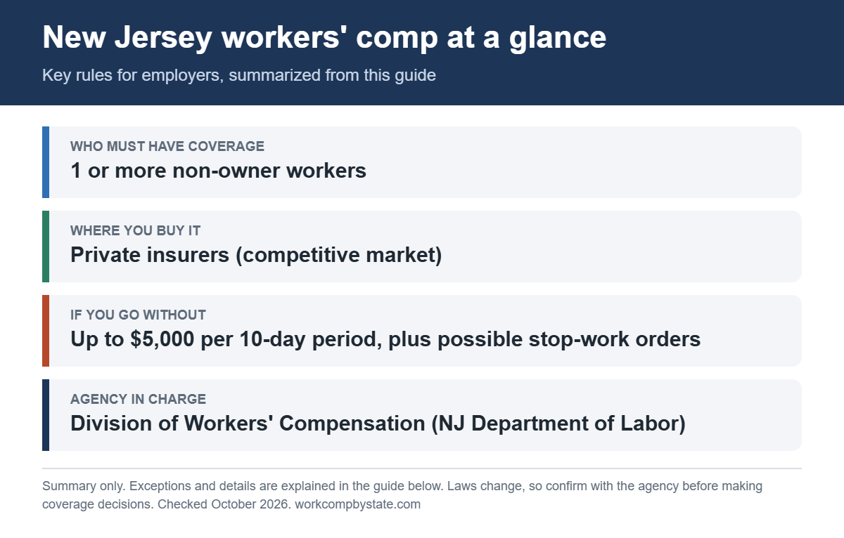 New Jersey workers' comp at a glance. Who must have coverage: 1 or more non-owner workers. If you go without: Up to $5,000 per 10-day period, plus possible stop-work orders.