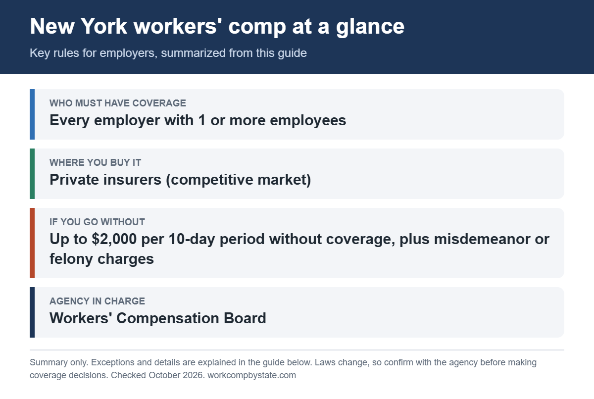 New York workers' comp at a glance. Who must have coverage: Every employer with 1 or more employees. If you go without: Up to $2,000 per 10-day period without coverage, plus misdemeanor or felony charges.