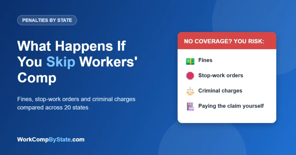 What Happens If You Skip Workers' Comp: Fines, stop-work orders and criminal charges compared across 20 states.