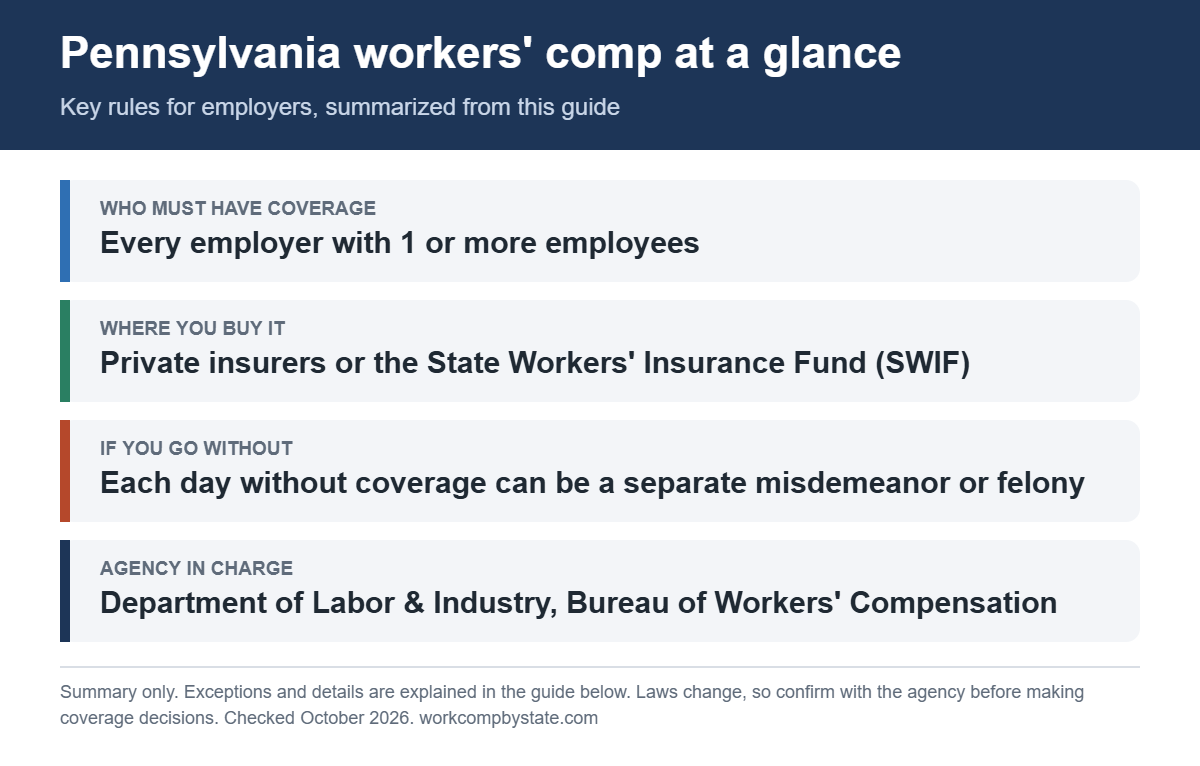 Pennsylvania workers' comp at a glance. Who must have coverage: Every employer with 1 or more employees. If you go without: Each day without coverage can be a separate misdemeanor or felony.