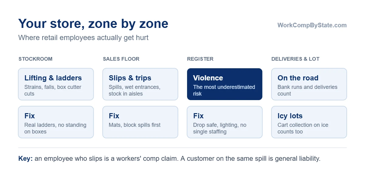 Workers' comp risk zones in a retail store: the stockroom, with lifting strains, ladder falls and box cutter cuts; the sales floor, with slips, trips and reaching strains; the register, where violence is the most underestimated risk; and deliveries and the parking lot, where driving and icy cart collection count as work.