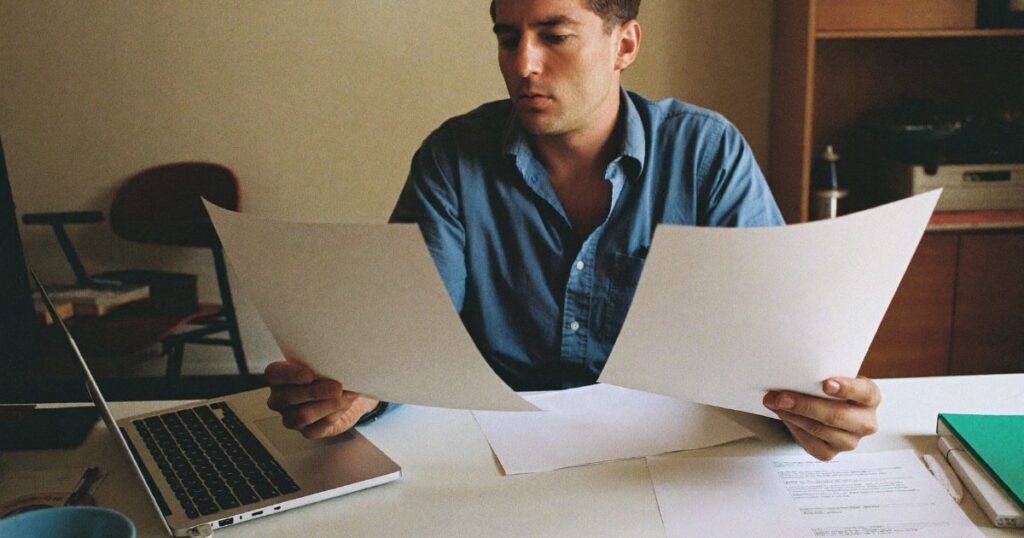 Business owner comparing two insurance quotes at his desk