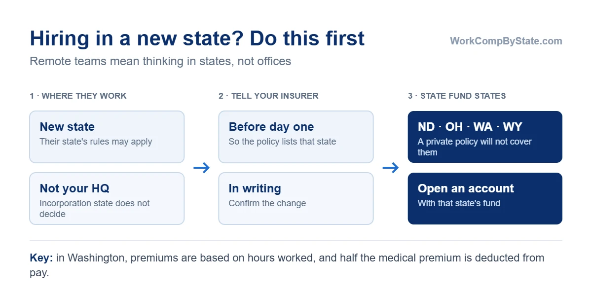 What a tech company should do when it hires an employee in a new state: identify the state where the person lives and works, tell the insurer before their first day so the policy lists that state, and if the state is North Dakota, Ohio, Washington or Wyoming, open a state fund account instead.