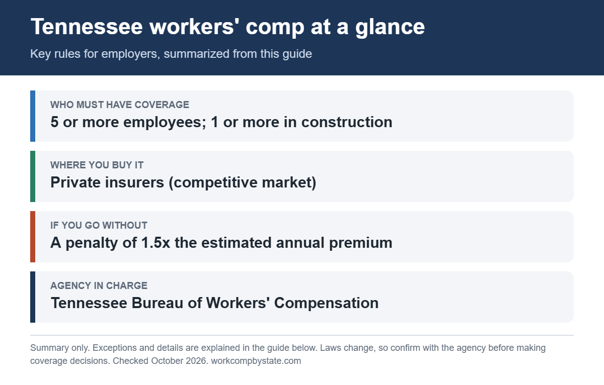 Tennessee workers' comp at a glance. Who must have coverage: 5 or more employees; 1 or more in construction. If you go without: A penalty of 1.5x the estimated annual premium.
