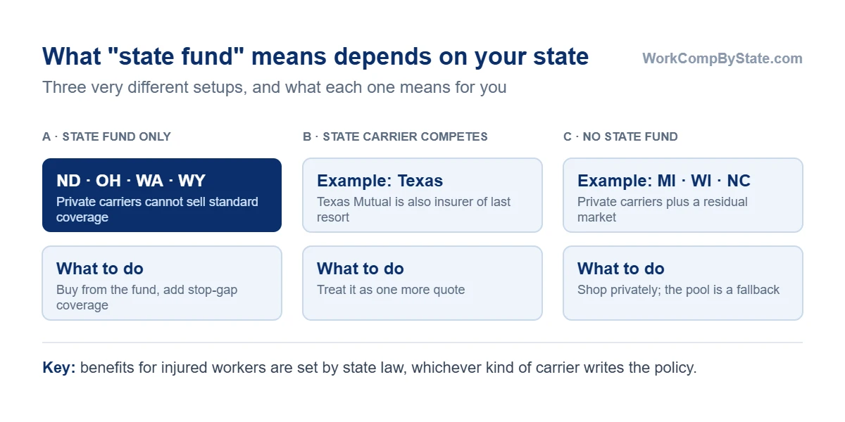 Three kinds of workers' comp markets: in North Dakota, Ohio, Washington and Wyoming the state fund is the only option; in states like Texas a state-created carrier competes with private insurers and is the insurer of last resort; in states like Michigan, Wisconsin and North Carolina there is no state fund, only private carriers and a residual market.
