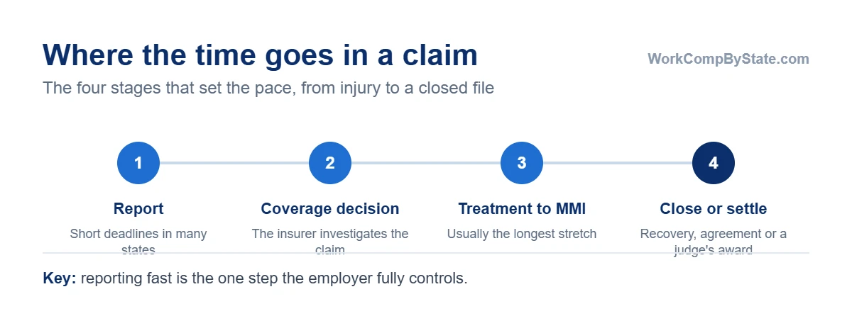 Where the time goes in a workers' comp claim: reporting the injury, the insurer's coverage decision, treatment until maximum medical improvement, then closure, settlement or a judge's decision.