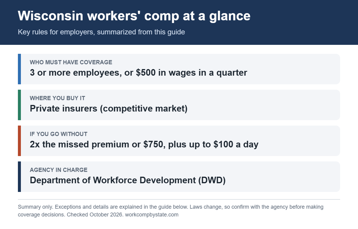 Wisconsin workers' comp at a glance. Who must have coverage: 3 or more employees, or $500 in wages in a quarter. If you go without: 2x the missed premium or $750, plus up to $100 a day.