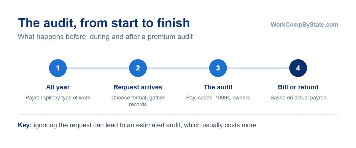 The workers' comp audit timeline: keep audit-ready records all year, gather documents when the request arrives, answer the auditor's questions on payroll, classification, outside workers and owners, then receive a bill or refund based on actual payroll.