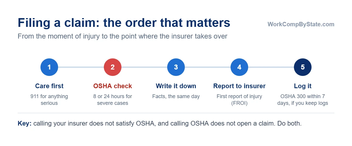 The order of steps when filing a workers' comp claim as an employer: get care first, check whether OSHA must be notified within 8 or 24 hours, write down the facts the same day, send the first report of injury to the insurer, and log recordable cases within 7 days if you keep OSHA records.