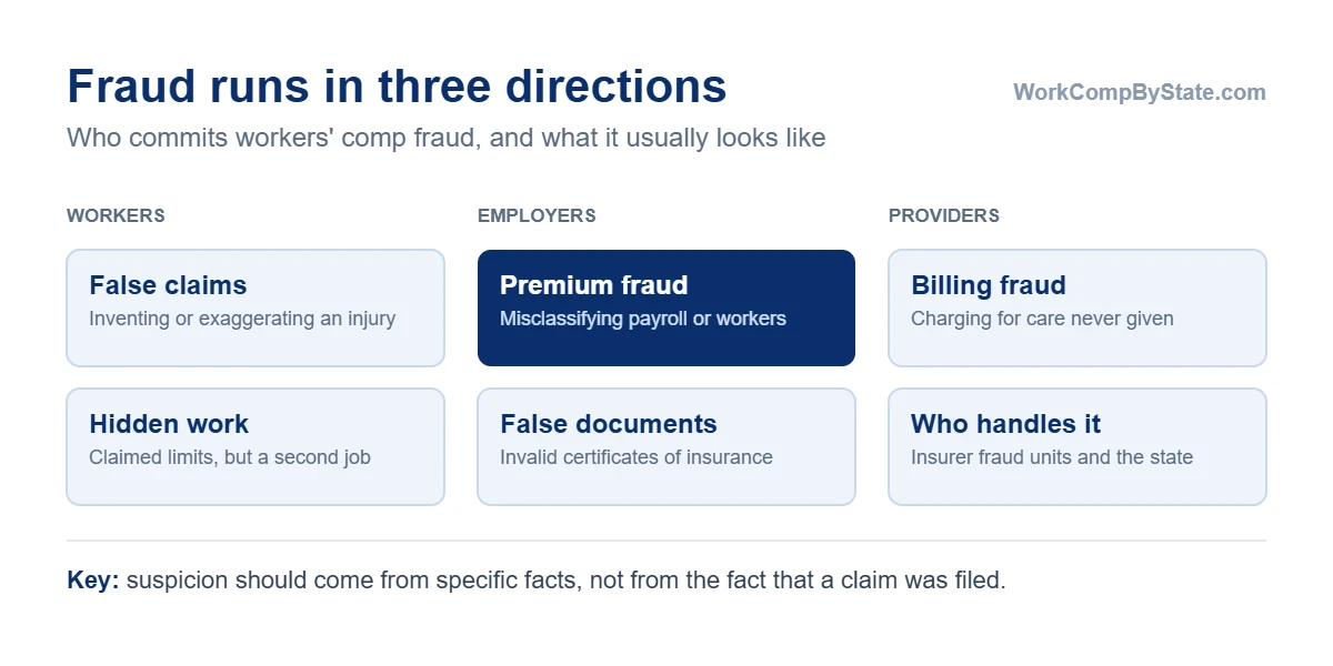 Workers' comp fraud runs in three directions: workers who exaggerate or invent claims, employers who lower premium with false information such as misclassified payroll or invalid certificates, and medical providers who bill for care that never happened.