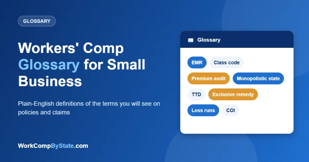 Workers' Comp Glossary for Small Business: Plain-English definitions of the terms you will see on policies and claims.