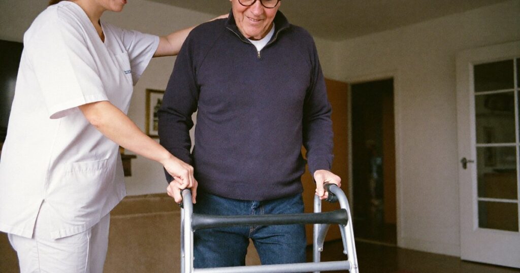 Home health aide helping an elderly man walk with a walker