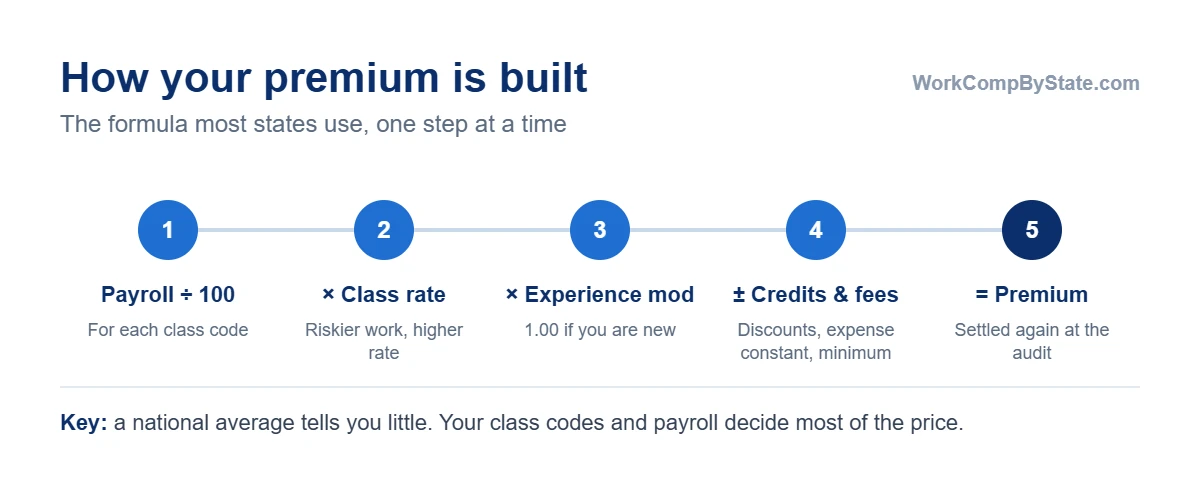 How a workers' comp premium is built in most states: payroll in each class divided by 100, multiplied by the rate for that class, multiplied by the experience modification, then adjusted by credits, discounts, fixed fees and the carrier's minimum premium.