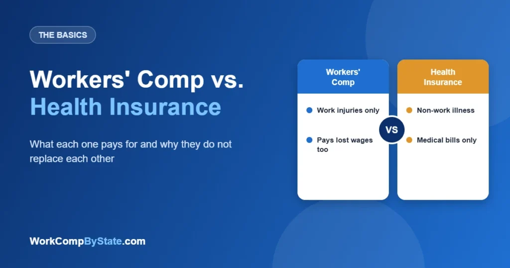 Workers' Comp vs. Health Insurance: What each one pays for and why they do not replace each other.