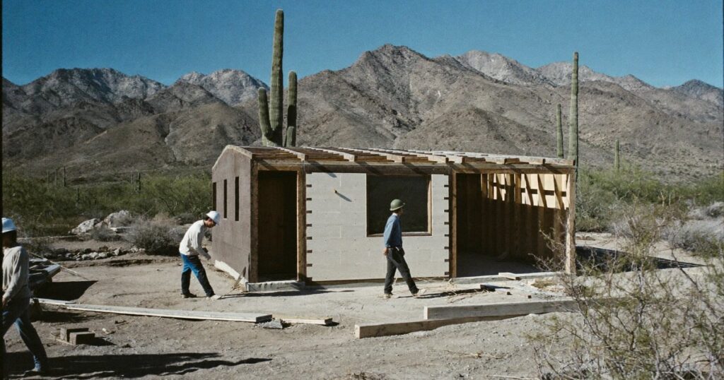 Construction crew framing a house in the Arizona desert